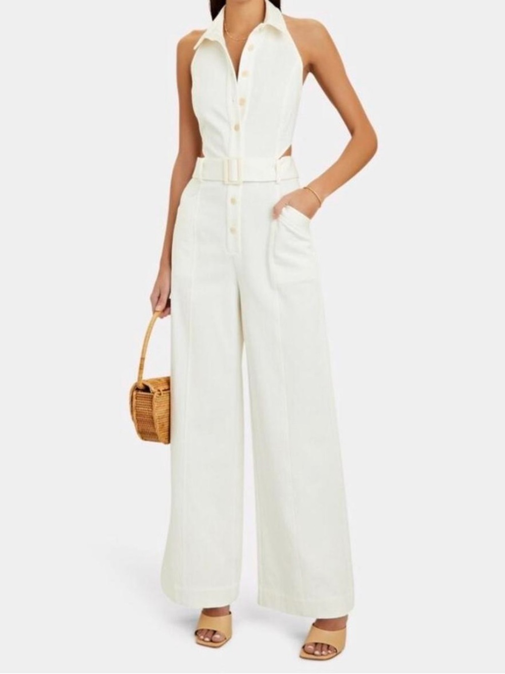 INTERMIX Cream Halter Wide-Leg Belted Jumpsuit